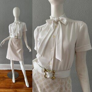 Vintage 70s White Bow Scooter Mini Dress S